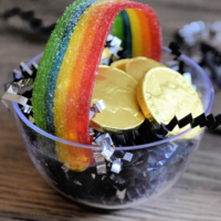 Gold coins in a bucket with a rainbow candy handle and the words 