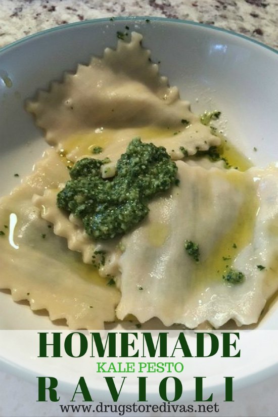 Three ravioli in a bowl with oil and pesto on top.