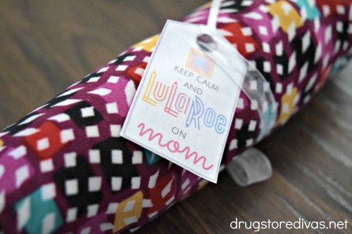 A homemade gift tag on a pair of leggings.