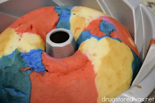 A baked red, white, and blue cake in a Bundt pan.