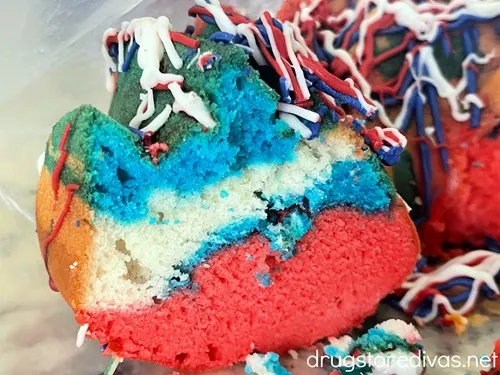 A cross section of a red, white, and blue Bundt cake.