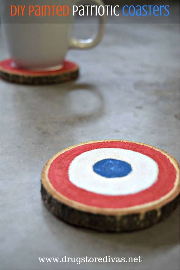 Two red white and blue handpainted coasters with the words "DIY Painted Patriotic Coasters" digitally written on top.