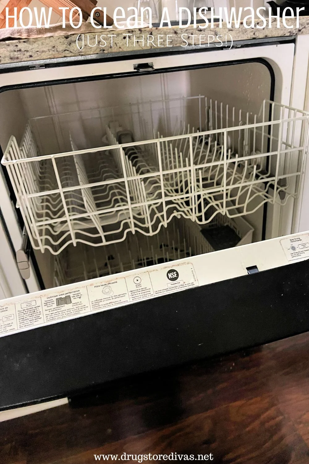 An open, empty dishwasher, with the words 
