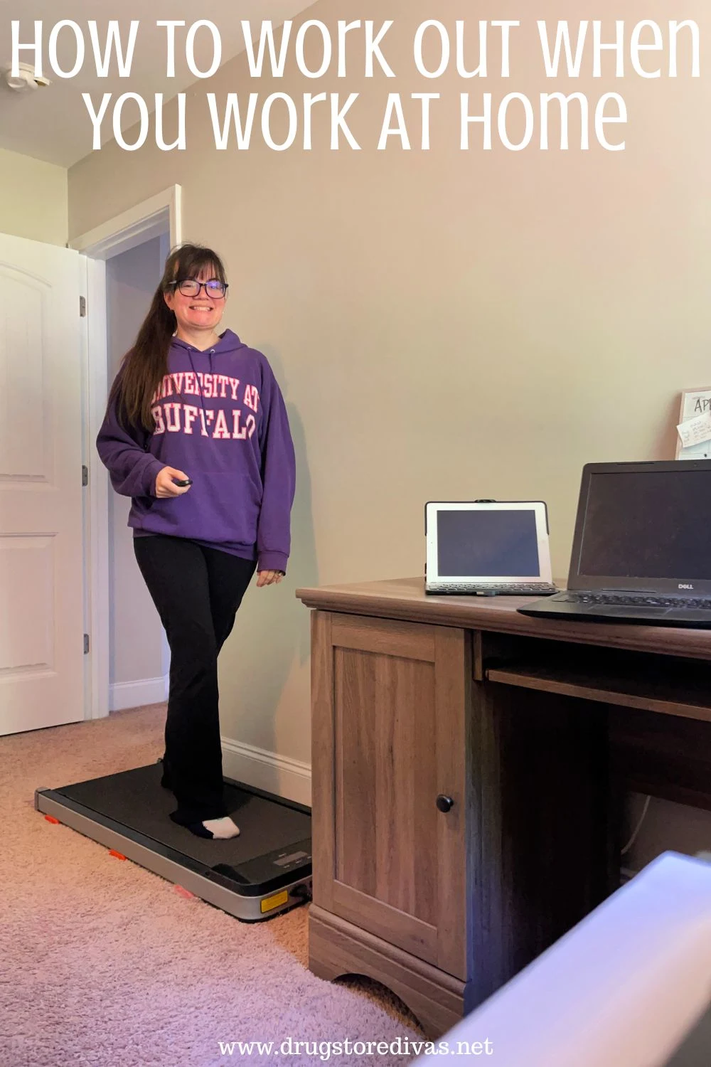 A woman in a purple sweatshirt and black yoga pants in a home office with a desk, laptop, and iPad, and the words 
