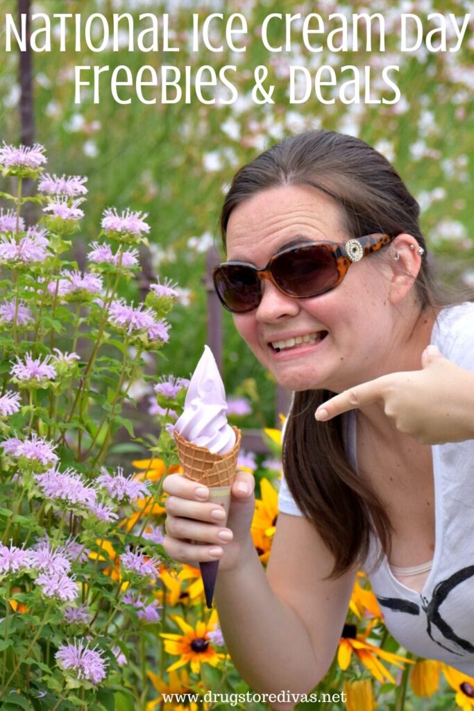 A woman pointing at an ice cream cone with the words "National Ice Cream Day Freebies And Deals" digitally written above her.
