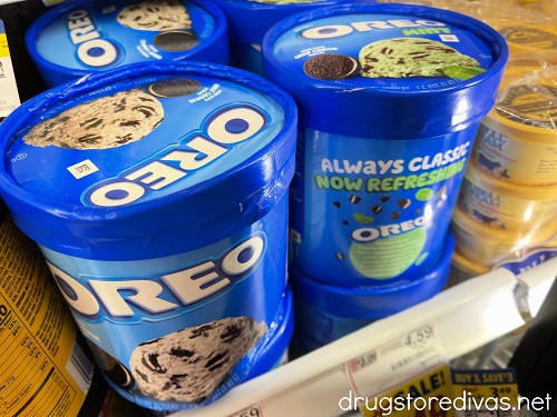 Oreo ice cream containers on a shelf.