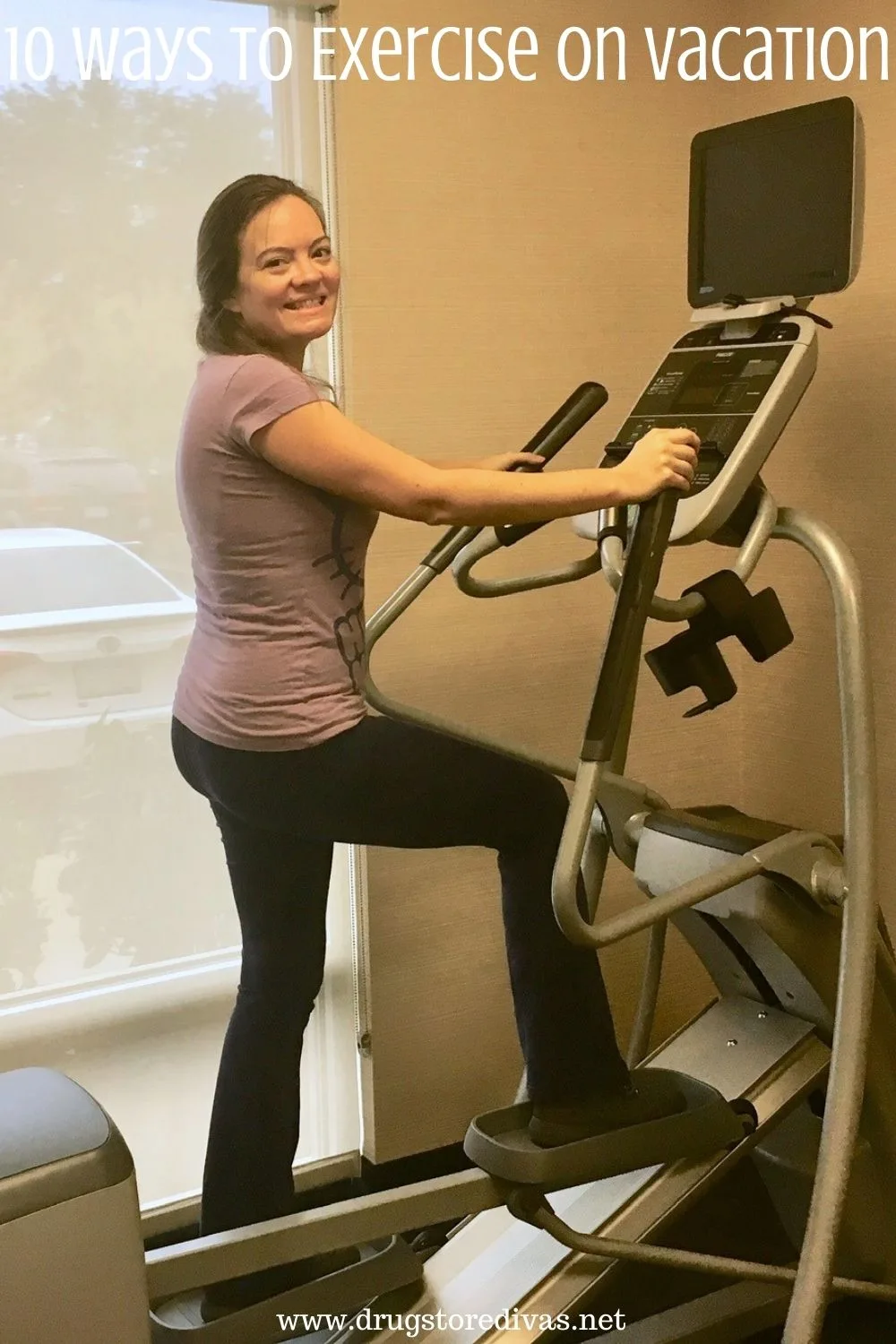 A woman on a treadmill with the words "10 Ways To Exercise On Vacation" digitally written above.