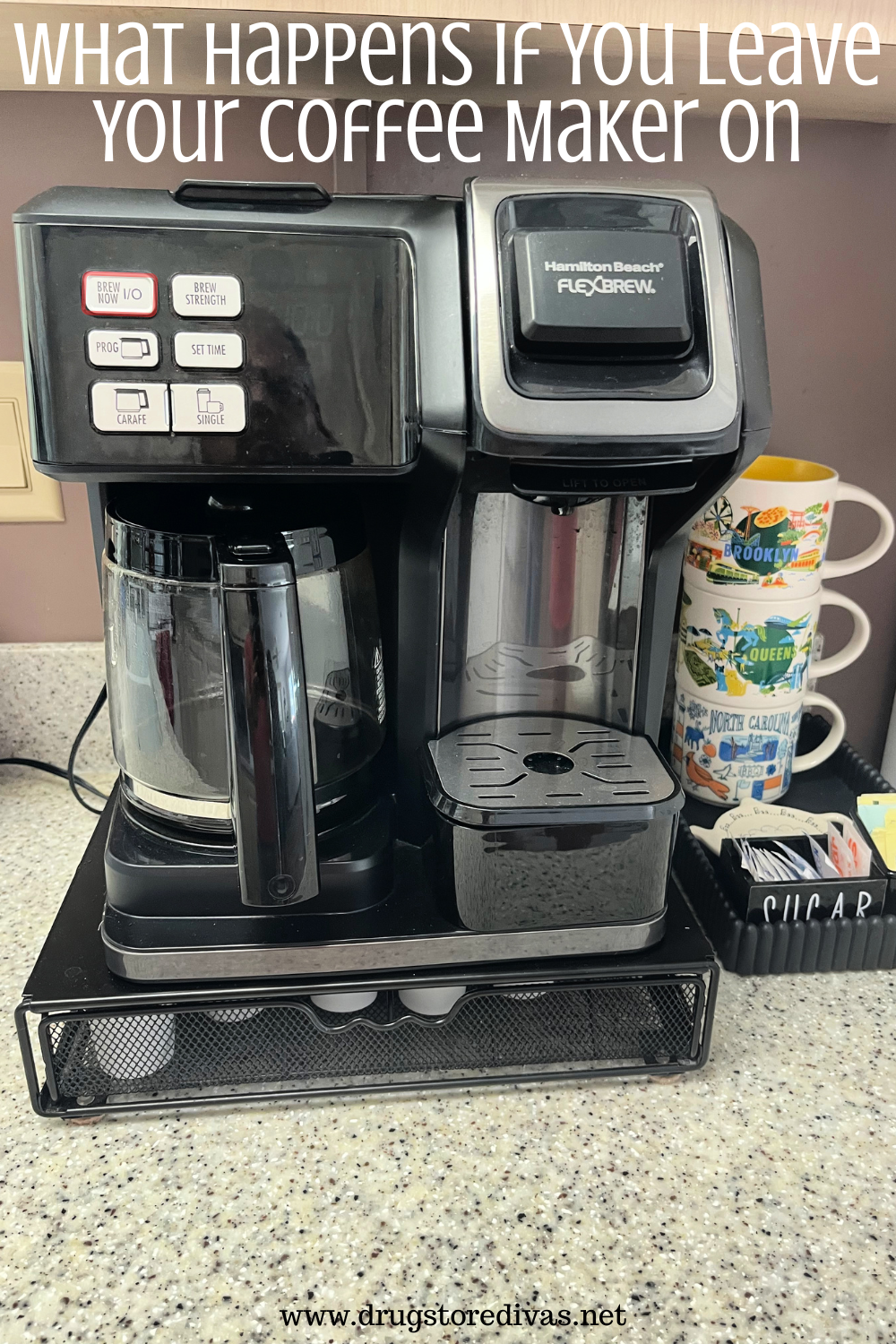 A coffee maker with a carafe on one side and a space on the other next to a stack of Starbucks coffee cups and sugar with the words 
