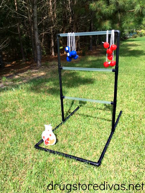 Ladder ball set up in a backyard.