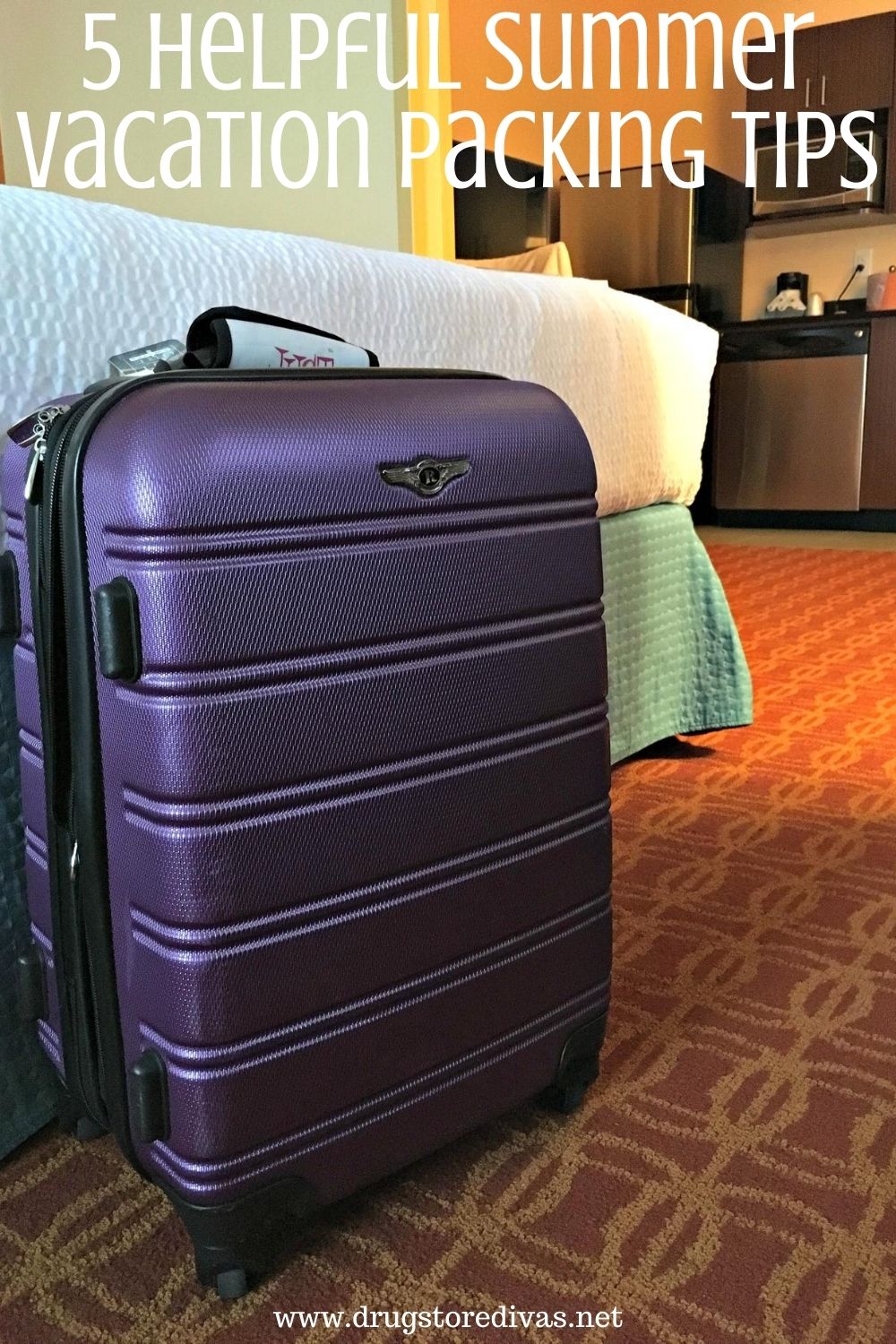 A suitcase in a hotel room with the words "5 Helpful Summer Vacation Packing Tips" digitally written above it.