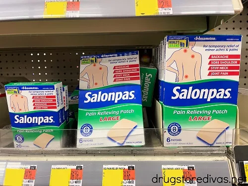 Salonpas Pain Relief Patches on a shelf.