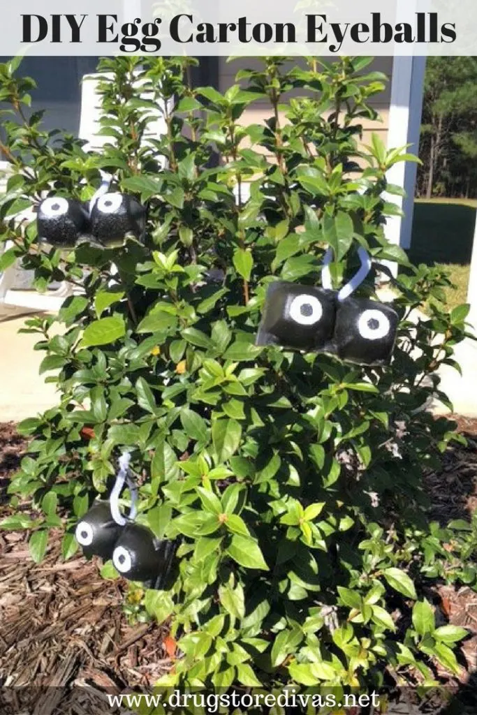 Egg Carton Eyeballs hanging on a bush.