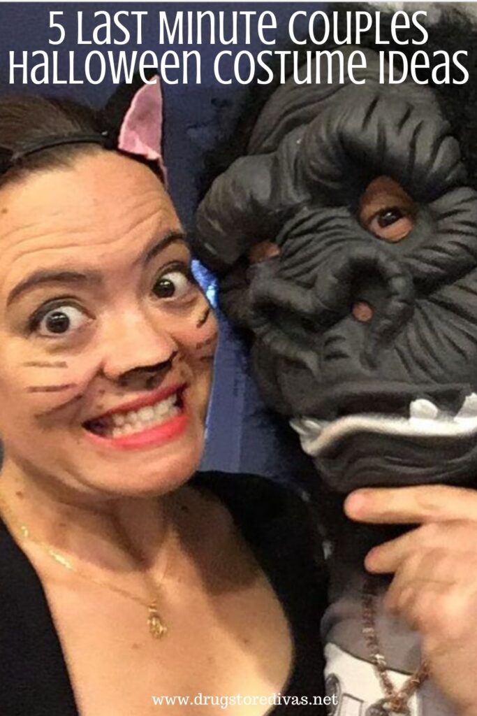 Two adults dressed up for Halloween as a cat and gorilla with the words "5 Last Minute Couples Halloween Costume Ideas" digitally written on top.