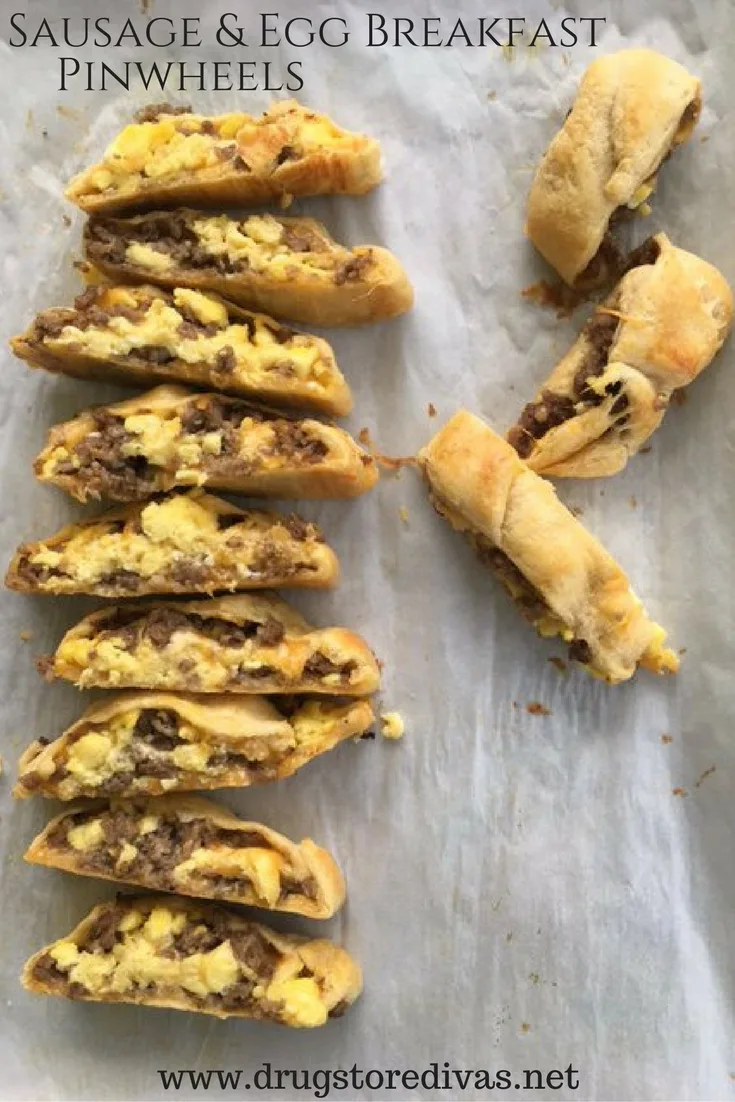 Twelve pieces of egg and sausage filled pastry with the words 