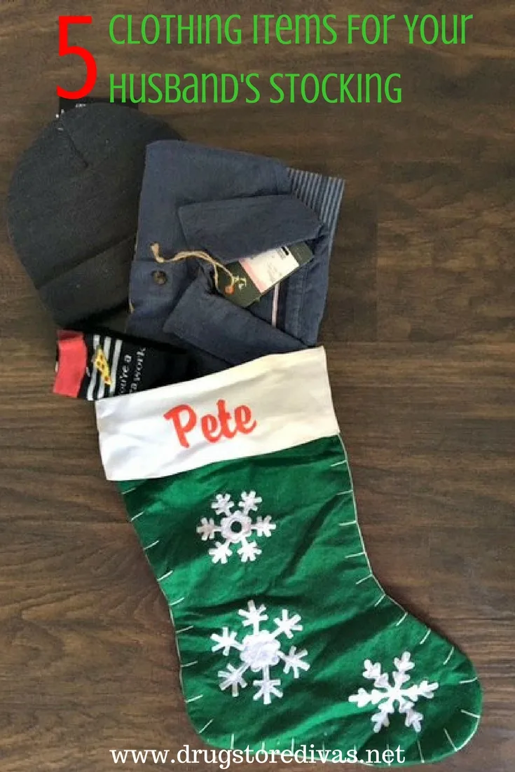 Christmas stocking with the name Pete on it and socks, a hat, and shirt coming out with the words 