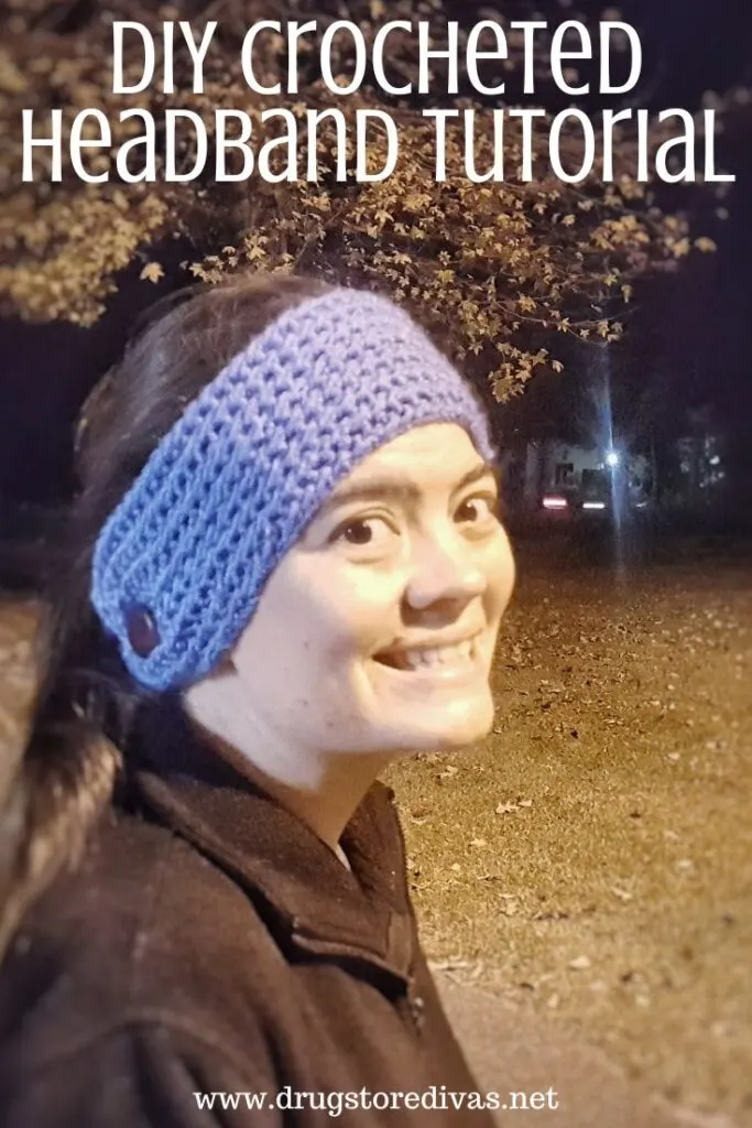 A woman wearing a black jacket and a blue crocheted headband with the words "DIY Crocheted Headband Tutorial" digitally written above her.