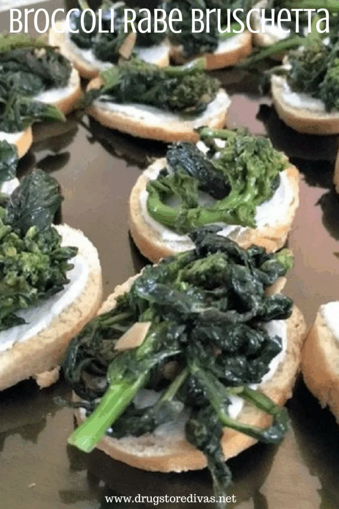 A plate filled with pieces of bread that's topped with goat cheese and broccoli rabe and the words "Broccoli Rabe Bruschetta" digitally written on top.