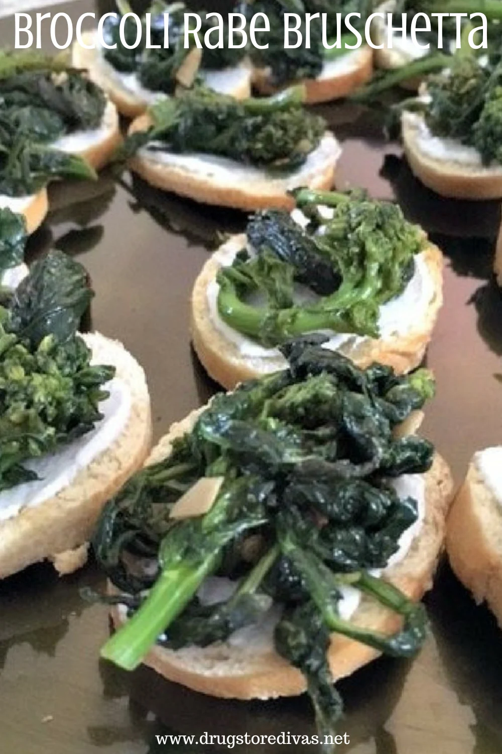 A plate filled with pieces of bread that's topped with goat cheese and broccoli rabe and the words 