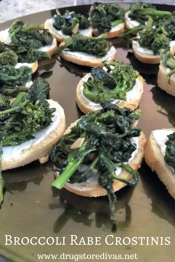 If you want a unique one-bite appetizer, check out these Broccoli Rabe Crostinis from www.drugstoredivas.net.