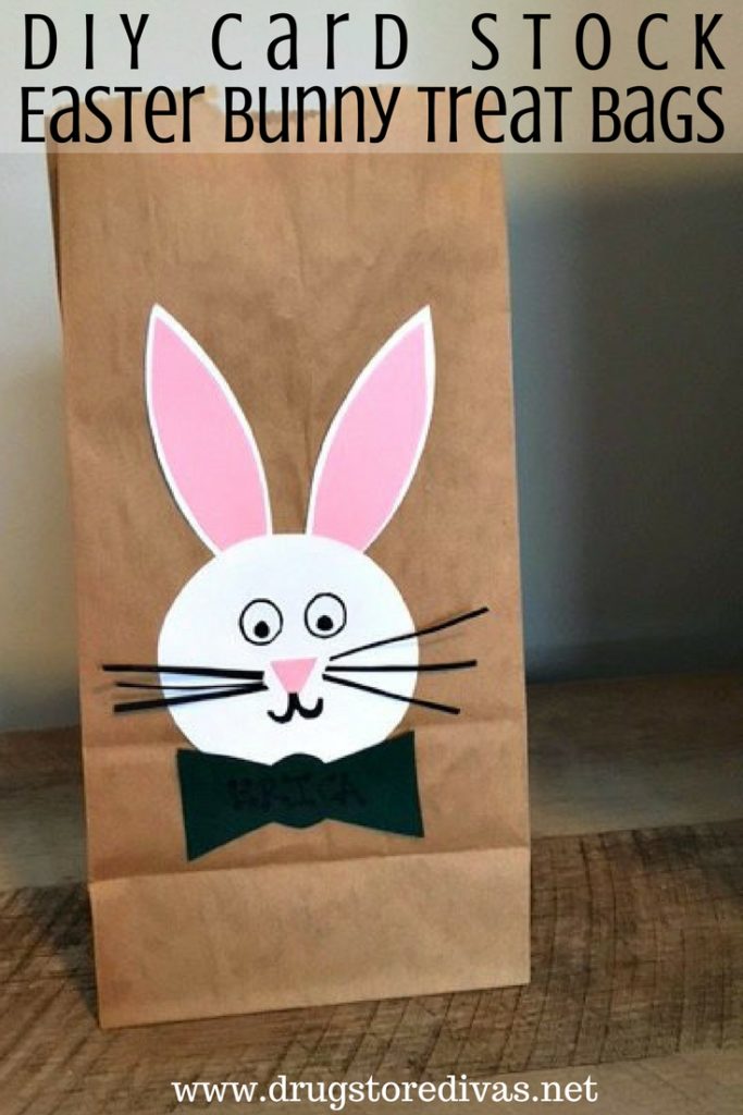 A card stock Easter bunny on a bag with the words "DIY Card Stock Easter Bunny Treat Bags" digitally written on top.