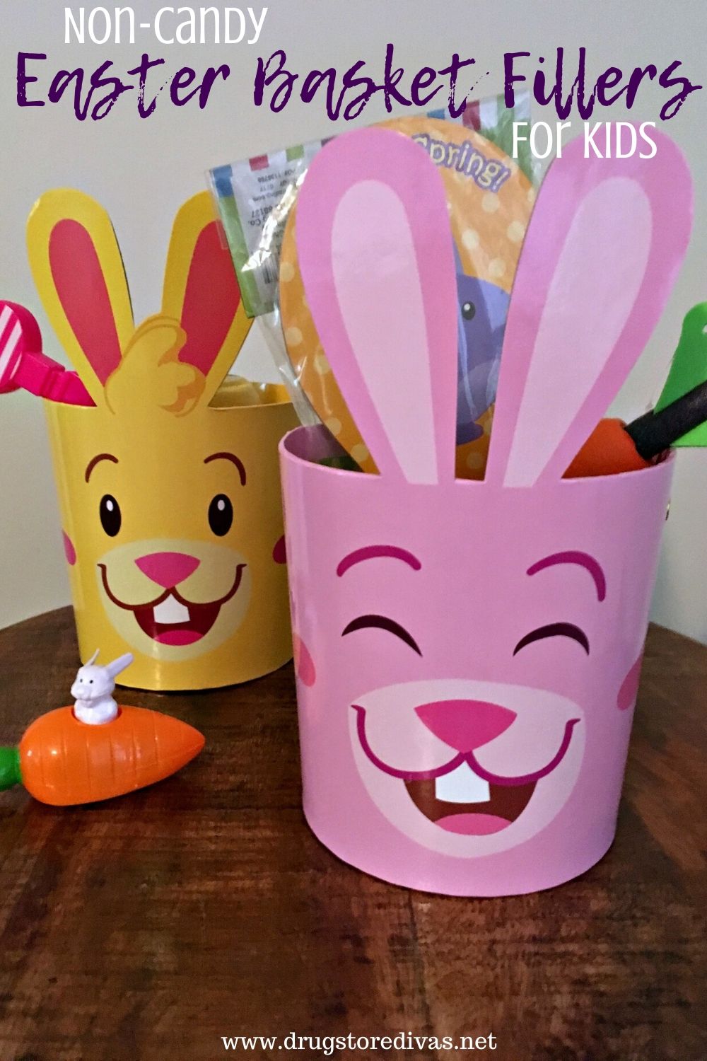 Two bunny-shaped Easter baskets with the words "Non-Candy Easter Basket Fillers For Kids" digitally written on top.