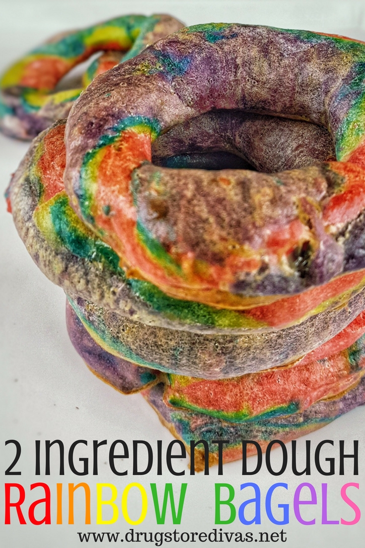 Combine the two hottest food trends to make these beautiful homemade 2 Ingredient Dough Rainbow Bagels. Get the recipe at www.drugstoredivas.net.