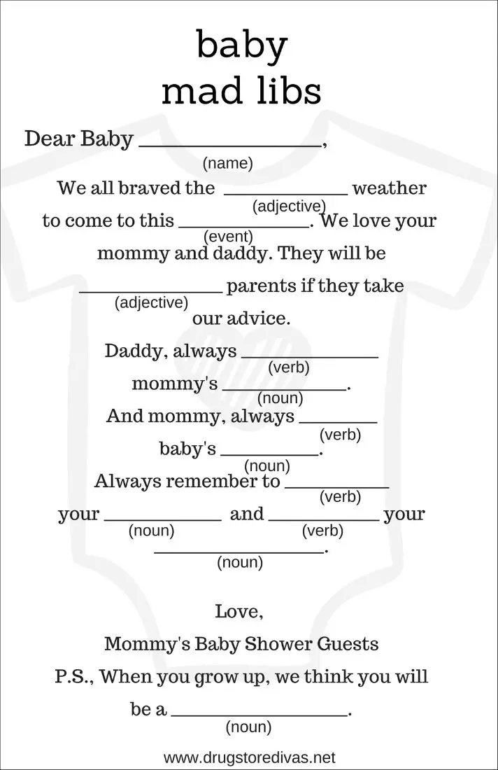 Looking for baby shower games? You'll love this DIY Baby Shower Mad Libs (with free printables) from www.drugstoredivas.net.