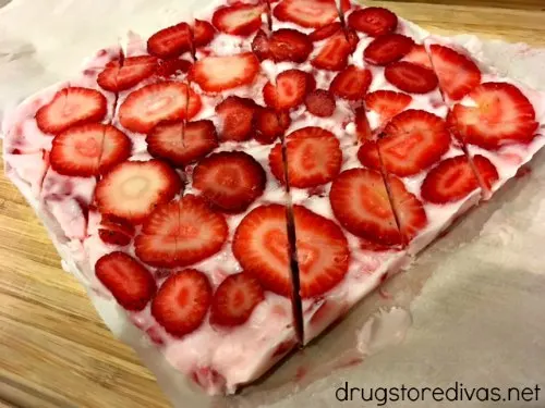 Sliced strawberry yogurt bark.