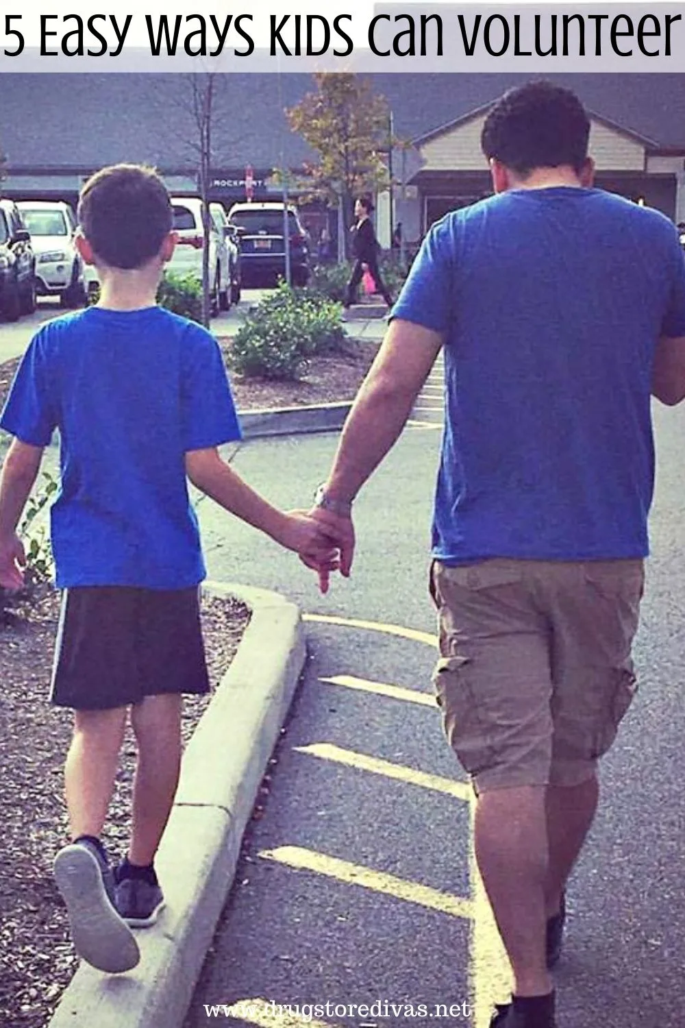 A man and a boy holding hands, walking into a store, with the words 