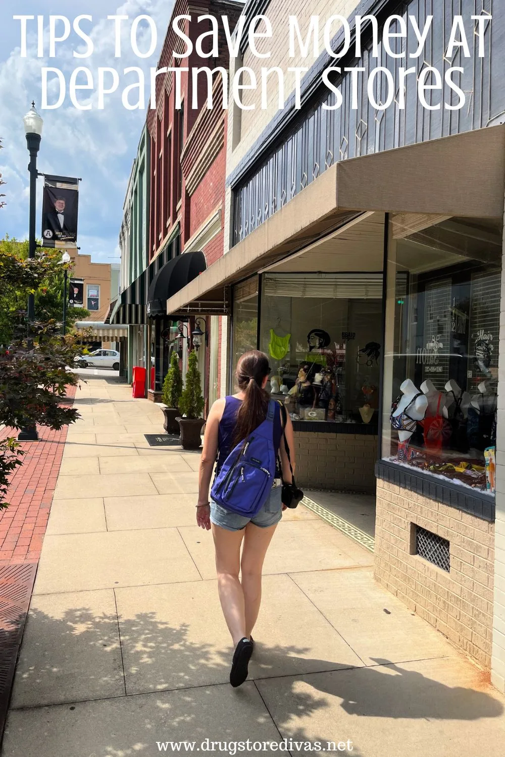 A woman walking down a sidewalk with shops to her right side and the words 