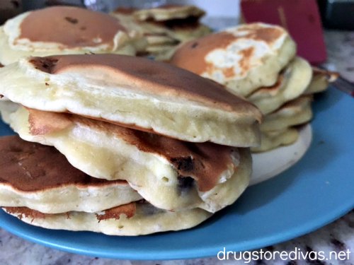 Pancakes piled on a plate.