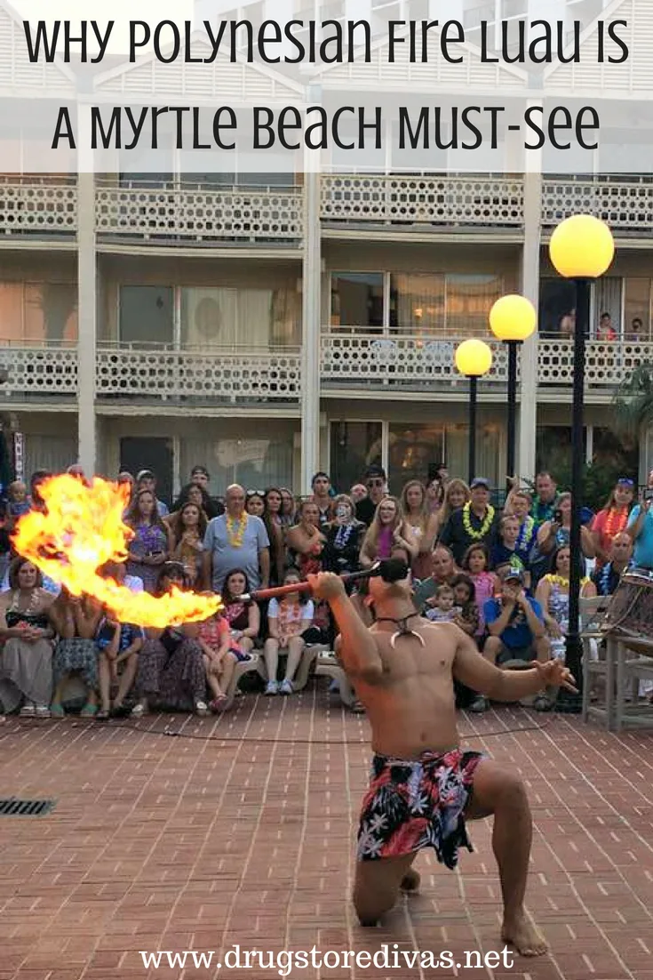 A man doing a fire knife show with an audience behind him and the words 