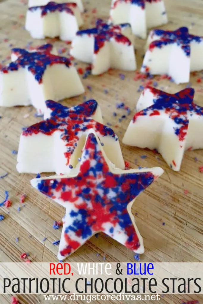 White chocolate shaped into stars, decorated with red and blue, and the words "Red, White & Blue Patriotic Chocolate Stars" digitally written under them.