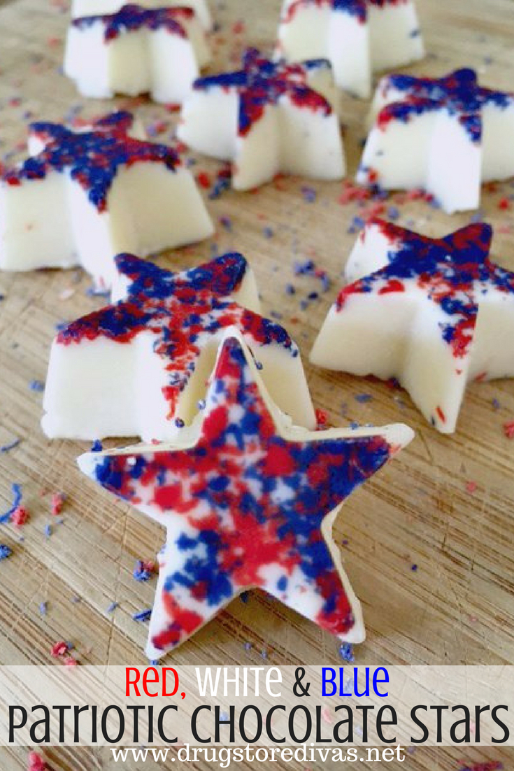 White chocolate shaped into stars, decorated with red and blue, and the words 