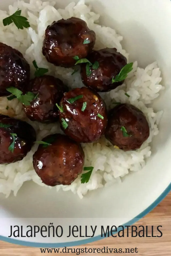 Jalapeño Jelly Meatballs on top of rice in a bowl.