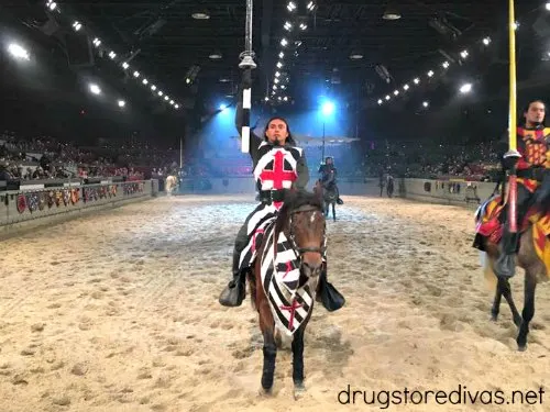 Two knights on horses in a medieval arena.