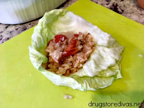 Meat and rice stuffed into a cabbage leaf.