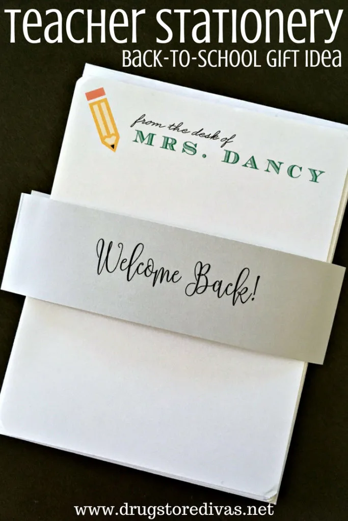 A piece of paper that says "From the desk of Mrs Dancy" and a banner that says "Welcome Back" on it with the words "Teacher Stationery Back-To-School gift idea" digitally written on top.