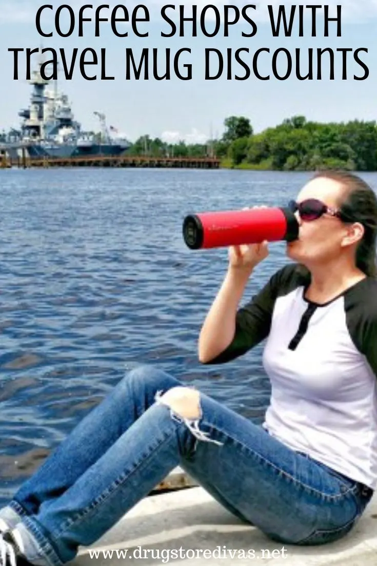 A woman in a black and white shirt and jeans sitting in front of a body of water with a battleship in the back while she is sipping from a red travel mug and the words 