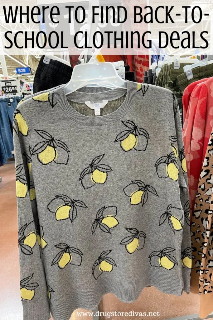 A sweater with lemons on it and the words "Where to find Back-To-School Clothing Deals" digitally written on top.