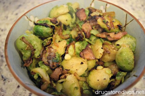 One of the BEST side dishes is this Bacon And Brussels Sprouts recipe. Get it at www.drugstoredivas.net.