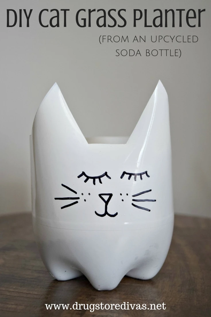 Cat lovers will LOVE this DIY Cat Grass Planter. It's made from an upcycled soda bottle. Get the tutorial on www.drugstoredivas.net.