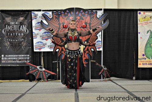 A woman in cosplay on stage at the Fayetteville Comic Con.