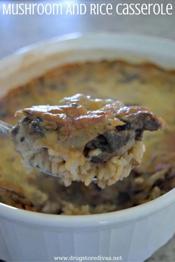 Mushroom, rice, onions, and cheese on a spoon above a casserole pan with the words "Mushroom And Rice Casserole" digitally written above it.