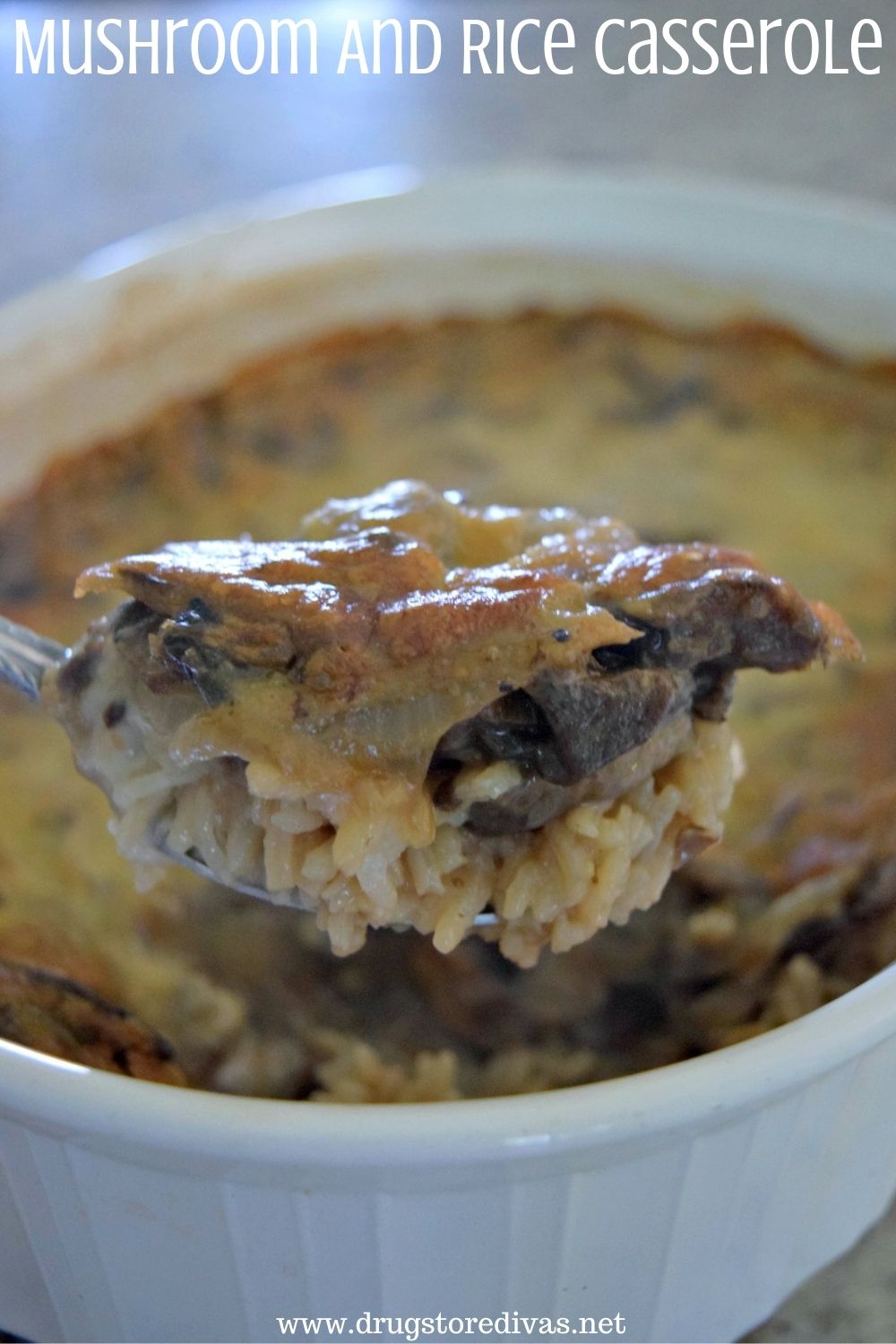 Mushroom, rice, onions, and cheese on a spoon above a casserole pan with the words "Mushroom And Rice Casserole" digitally written above it.