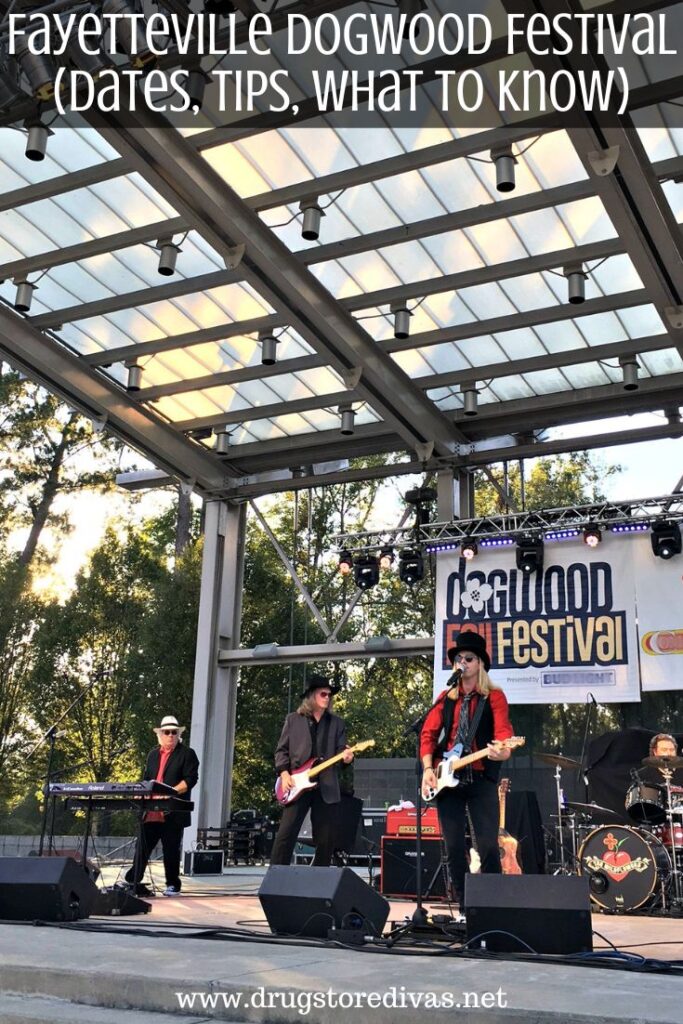 A Tom Petty cover band on stage with the words "Fayetteville Dogwood Festival (Dates, Tips, What to Know)" digitally written on top.