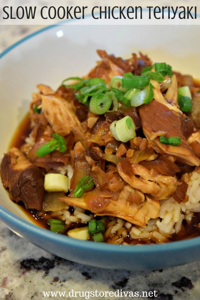 Chicken, rice, and green onion in a bowl with the words "Slow Cooker Chicken Teriyaki" digitally written above it.