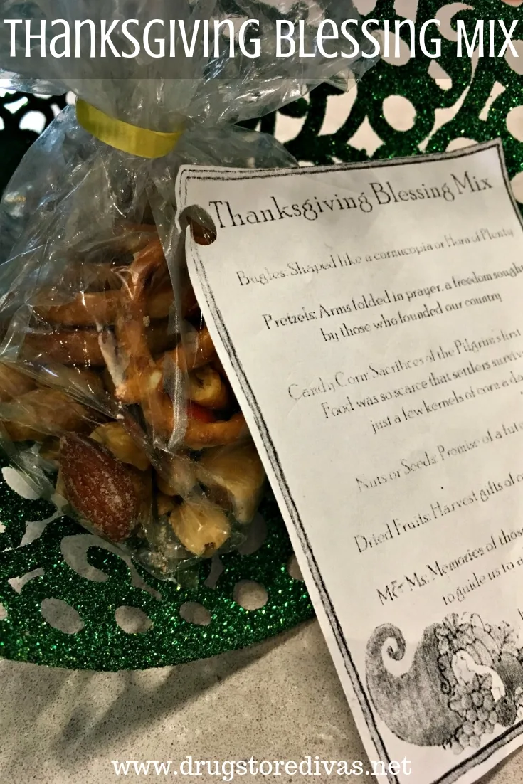 A bag of trail mix with a poem attached and the words "Thanksgiving Blessing Mix" digitally written on top.