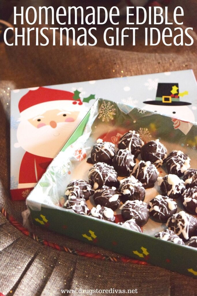 Homemade truffles in a Christmas box under a Christmas tree with the words "Homemade Edible Christmas Gift Ideas" digitally written on top.