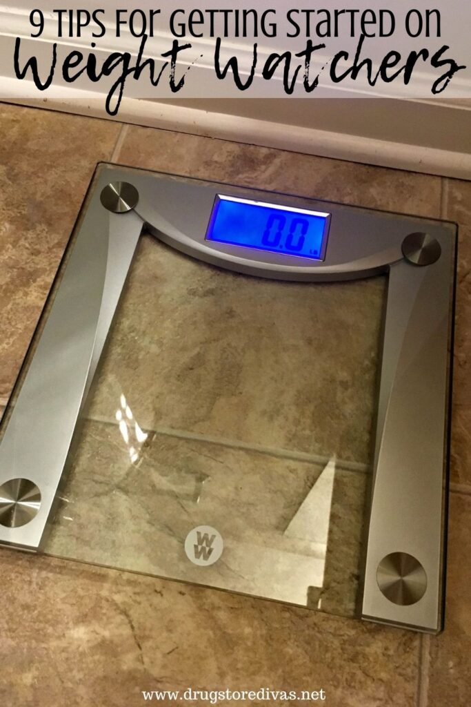 A Weight Watchers-branded bathroom scale with the words "9 Tips For Getting Started On Weight Watchers" digitally written on top.